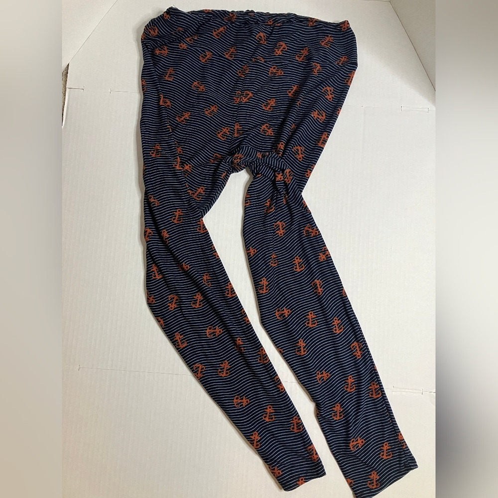 LuLaRoe Navy And Reddish-Orange Patterned Leggings With Anchor Design